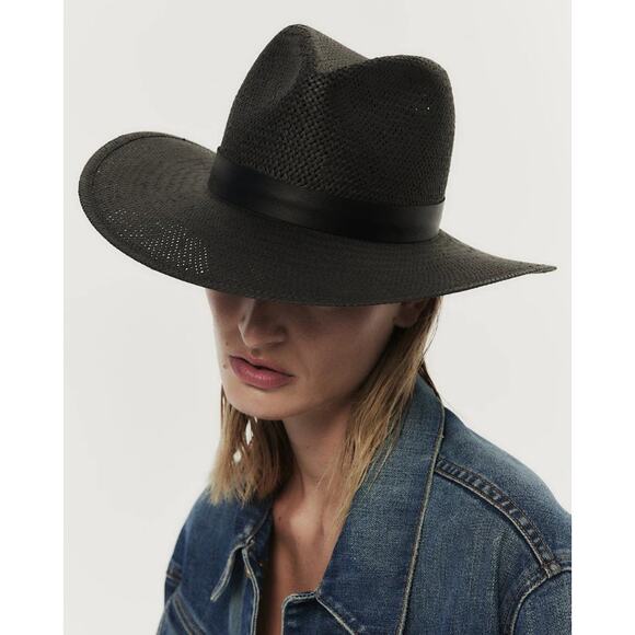 Janessa Leone Accessories - Janessa Leone Black Straw Hat Wide Brim Fedora Sz. Small